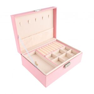 Boite De Rangement A Bijoux Double Couche, Cloison Amovible, Presentoir A Bijoux En Pu Pour Colliers Et Bagues, Rose - Neuf