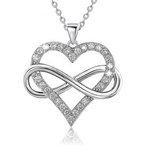 Kal-Collier Infini Pour Femme, Collier Coeur Infini, Collier Argent Avec Oxyde De Zirconium Rond, Collier Chaine Ajustable, Avec Boîte Cadeau, Pour Saint Valentin Cadeau, Argent - Neuf