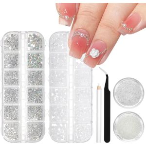 Lbgwp60-Lot De 2 Boîtes De Pierres À Ongles Avec Pince À Épiler Et Stylo Strass Blancs À Dos Plat - Bijoux - Accessoires De Design D'ongles - Breloques Pour Femmes - Décoration D'ongles - Neuf