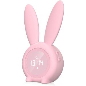 Réveil Enfant, Led Lumineux Réveil Lapin Mignon Réveil Lampe De Chevet Fonction Snooze Affichage Automatique Temps Température Activation Sonore Fille Garçon (Rose) - Neuf