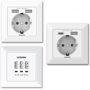 Lot De 3 Prises Murales 2,8 A Avec Ports Usb Type A Et C, Socket Flush Mounted 3,1 A, Prise Électrique Blanche[MAT790579] - Neuf