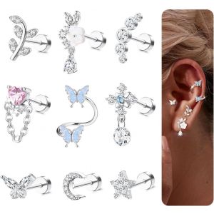 9 Pieces Cartilage Tragus Earrings For Women Men Stainless Steel Butterfly Moon Star Flower Piercing Jewelry Set Helix Cartilage Tragus Ear Piercing - Neuf