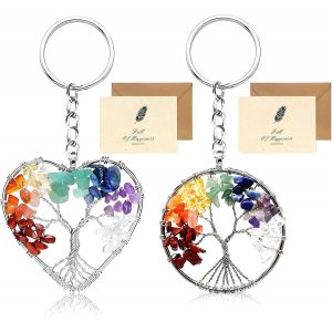Kal-Arbre De Vie Porte Clef Original, Ronde Et Coeur 7 Chakra Guérir Cristal Arbre De Vie Porte Clef Femme Chic Bijoux Pendentif Porte Clé Porte Bonheur Avec Carte - Neuf