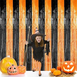2pcs Rideau De Pluie ¿Halloween,Rideau Brillant Métallique Rideau Toile De Fond Décoration Pour Cabine De Photo Décorations Halloween Bricolage Décorations (2m,Orange+Noir) - Neuf