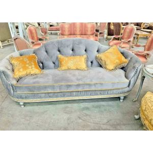 Salon complet style Louis XV dore & gris avec des coussines en bois d'h&ecirc;tre - Neuf