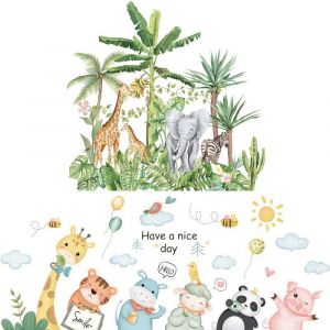 Lot de 2 stickers muraux amovibles repr&eacute;sentant des animaux de dessin anim&eacute; pour chambres d'enfants : &eacute;l&eacute;phant, singes, z&egrave;bre, girafe - Neuf
