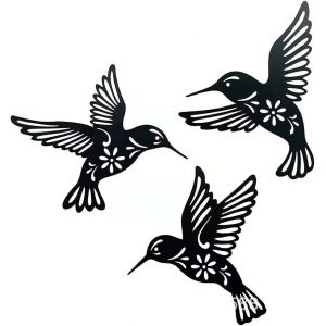 Lot de 3 décorations murales en métal colibri - Décoration d'extérieur en fer - Résistant aux intempéries - Noir - Neuf
