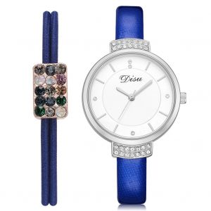 Disu Strass Casual Pu Strap Quartz Montre Analogique Montre-Bracelet + Anneau De Cheveux (Bleu Royal) - Neuf