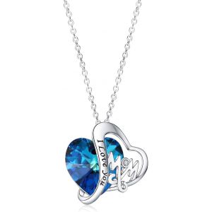 Kal-Collier Femme Coeur D'amour Cristal De Swarovski Pendentif En Argent 925 Avec Zircon Bijoux Fantaisie GravéU201cmomU201davec Chaîne De 17.7" - Cadeaux Pour Maman(Argent Bleu) - Neuf