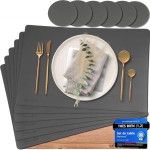 Tianyi-Mahewa® Lot De 6 Sets De Table De Qualité Supérieure En Cuir Synthétique - Lavables Et Imperméables - Aspect Cuir - Gris - Neuf