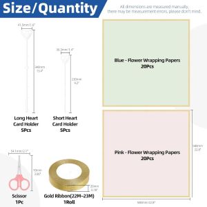 52 Feuilles De Papier D'emballage Floral Set De 40 Feuilles De Papier D'emballage De Bouquet Imperm&eacute;able Rose Et Bleu Avec Porte - Cartes Floral ,Ruban ,Ciseaux - Neuf