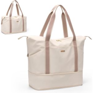 Nzqaf-Sac De Voyage Pour Femme, Sac De Transport Pour Voyage Léger Imperméable, Sac Fourre-Tout De Sport De Grande Capacité, Extensible Sac De Gym (Blanc Cassé) - Neuf