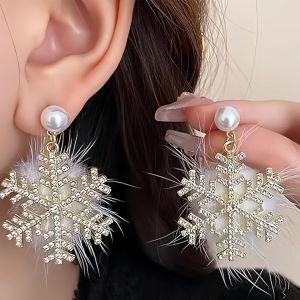 Flocon De Neige Boucles D'oreilles Femme,Boucle D'oreille Avec Boule En Peluche Blanche,Earrings For Women Avec Strass,Hiver Boucles D'oreilles Pendantes Doré Per Femme Cadeau De N[Bou9242957] - Neuf