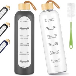 Bouteille D'eau En Verre, 1l Gourde En Verre Borosilicate Avec Marqueur De Temps & Couvercle Bambou & &Eacute;tui Silicone, Anti-Fuite Incassable, Pour Sport/Camping/Voyage Sans Bpa - Neuf