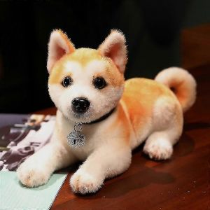 Peluche Akita r&eacute;aliste de 25/30 cm, chiot Shiba Inu r&eacute;aliste-30CMcouch&eacute; avec un collier - Neuf
