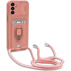 Kal-Coque Avec Cordon Pour Samsung Galaxy M34 5g,Collier Pour Étui Colliers De Cellulaire Réglable Corde Silicone Souple Case,Protection De La Caméra,Support,Porte Cartes - Pink - Neuf