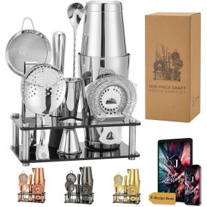 Mevronisshop-Set De Shaker À Cocktail 10 Pièces En Acier Inoxydable ¿ Avec Base En Acrylique, Passoire, Pince À Glace, Cuillère, Verre Doseur, Et Pilon ¿ Idéal Pour La Maison (Argent) - Neuf