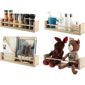 Chenquansarl-Bois Lot De 4 Étagères Murales Polyvalentes Rangement Livre Enfant Suspendu Porte Épices Mural Tablette Murale Pour Chambre À Coucher,Salon,Salle De Bain,Naturel - Neuf