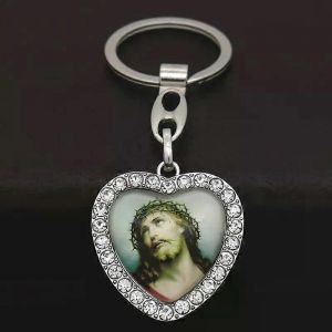Coeur en cristal Croix Jésus Porte-clés Pour Femmes Hommes Strass Crucifix Porte-clés Sur Sac Voiture Bibelot Bijoux Catholique Prier Cadeau - Neuf