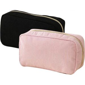 Lot De 2 Trousses De Maquillage En Velours C&ocirc;tel&eacute; - Petite Trousse Cosm&eacute;tique De Voyage - Poche Zipp&eacute;e Pour Femme - Pour Sac &Agrave; Main, Rose Et Noir - Neuf