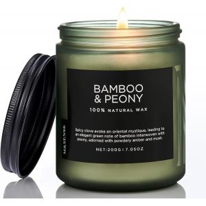 SANSH-Bougies Parfumées en Soja Pivoine au Bambou 200g - 50h Parfum Frais/Floral, Détente/Ambiance Zen, Cadeau Durable/Relaxant Maison/Bureau - Neuf