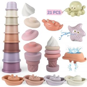 Jouets Empil&eacute;s Pour Filles De 1 An,21 Pi&egrave;ces Jouets De Bain Pour B&eacute;b&eacute;s,Nesting Jouets De Plage Pour La Piscine Pour Les Enfants De 6-12 Mois,Cadeaux Pour Gar&ccedil;ons Filles &Acirc;g&eacute;s 1 2 3 Ans - Neuf