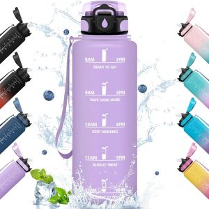 Eryi-Gourde, 1.5l Bouteille, Gourde Sport Avec Paille, Gourde Motivation Avec Marqueur De Temps, Bouteille D'eau, Étanche, Bouteille D'eau Pour Randonnée, Camping, Fitness, Cyclisme - Neuf