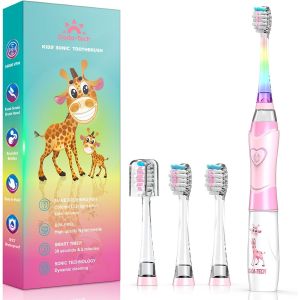 À Dents Électrique Enfant 3-6-8-12 Ans, À Dent Electrique Enfant Sonique Avec Minuteur, Lumières Led Arc-En-Ciel Et 4 Têtes À Poils Doux Pour Kids Filles Et Garçons (Girafe Rose) - Neuf