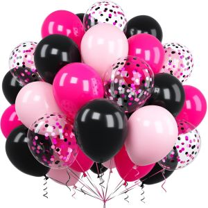 60 Pieces Pink Black Balloons, 12 Inches Bright Pink Pastel Black Confetti Latex Helium Balloon With Ribbon For Girls Women Birthday Parties Baby Shower Wedding Christening Engagement - Neuf