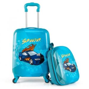 COSTWAY Valise Enfant à Roulettes 16¿¿ + Sac à dos 13¿, Ensemble de Bagage Enfants, Voiture de Course, voyages en avion, Bleu - Neuf