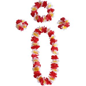 Kal-Colliers De Fleurs Hawaïennes Hula Luau Collier Bracelet Bandeau Hawaïen Colliers Fleurs Hawaïen Pour Carnaval Fêtes Sur La Plage Hawaïenne Pom-Pom Anniversaires (N Rouge Blanc) - Neuf