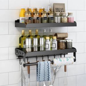 2 Pi&egrave;ces &Eacute;tag&egrave;res &Agrave; &Eacute;pices Murales Sans Per&ccedil;age-Etagere Cuisine Avec Porte-Rouleau De Cuisine Et 6 Crochets-En Acier Inoxydable 304-Pour Salle De Bain Et Cuisine-Noir-40 Cm - Neuf