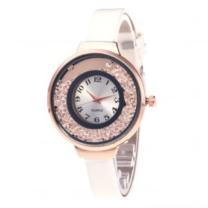 Montre A Quartz Etroite Zhoulianfa En Cuir Pu, Cadran Unique A Effet Sable Mouvant Pour Femme (Blanc) - Neuf