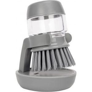 Brosse à récurer avec distributeur de savon et bac d'égouttage, brosse de lavage pour la vaisselle, les casseroles, les poêles et l'évier, support de rangement pour éponge de cuisine (gris) - Neuf