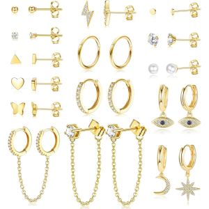 Tianyi-29 Pièces Petite Boucles D'oreilles Femme Acier Innoxydable Mini Boucles D'oreilles Creoles Pendantes Avec Chaîne Hypoallergénique Pearl Zircon Evil Eye Étoile Lune Creoles Or/Argent - Neuf