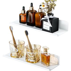 CAUC-Lot de 2 Etagere Murale sans Percage Salle de Bain, Etagere Murale sans Vis en Aluminium, Tablettes Flottantes Adh&eacute;sif Tablette Rangement pour Cuisine, Salon, Chambre, 30CM Blanc - Neuf