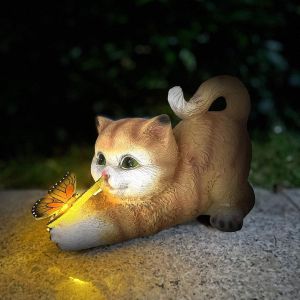 Mevronisshop-Figurine De Chat D&eacute;corative Pour Jardin - D&eacute;coration De Jardin - Papillons - Lampes Solaires Pour Ext&eacute;rieur - Balcon - Layout - Chat Mignon - Papillon - Ornements En R&eacute;sine - Lampes Sola - Neuf