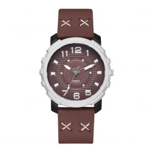 Montre-Bracelet A Quartz Tendance Pour Homme, Cadran Rond, Style Decontracte, En Pu (Marron Fonce) - Neuf