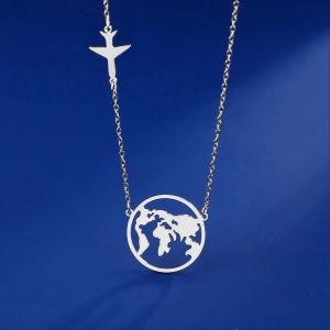 Collier Pendentif Globe Du Monde Pour Femmes Hommes En Acier Inoxydable Avion Collier Terre Collier Accessoires Cadeau De Voyage - Neuf