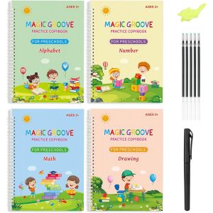 Tianyi-Lot De 4 Cahiers Magiques Réutilisables + 5 Recharges + 1 Porte-Stylo Pour Enfants Calligraphie Chiffres Dessin Lettres Écriture - Neuf