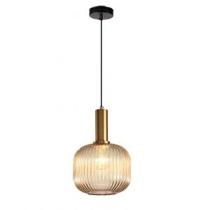 Lustre suspendu en verre raye de style transitionnel avec poignee doree, ideal pour &icirc;lot de cuisine, etc. - Neuf