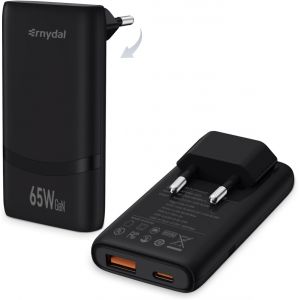 Chargeur GaN 65W - Port USB-C + USB-A, Ultra-Mince Adaptateur Secteur PPS &agrave; 2 Ports pour MacBook Pro/Air, Galaxy S20/S23/S24/S25 Ultra, iPhone 16/15/14, iPad, Pixel, Steam Deck, Dell XPS 13 - Neuf