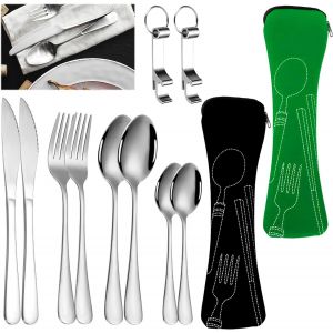 Mevronisshop-2 Set Couverts Camping Reutilisable &Eacute;tui Couverts De Table, Couverts Au Travail, Couvert M&eacute;tallique Lunch Box Pour Bureau, Voyages, Randonn&eacute;e, Pique-Nique - Neuf