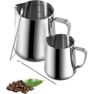 KAL-Pièces Pichet Lait Inox, 350Ml 900Ml Pot À Lait Avec Lignes De Mesure Et Latte Art Pen, Milk Frother, Pichets-Mousseurs À Lait Pour Cappuccino, Expresso, Latte Art - Neuf