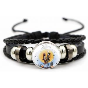 Kal-Jack And Sally Bracelet En Cuir Tress&eacute; &Agrave; La Main R&eacute;glable Avec Perles L'&eacute;trange No&euml;l De Monsieur Jack Et Sally - Bracelets Assortis - Bijoux Assortis - Cadeau Pour Femme Et Homme, 7.06 Inches - Neuf
