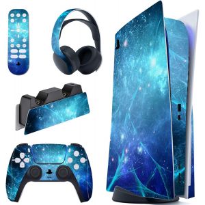 PlayVital Autocollant Skin pour ps5 Manette,Sticker pour ps5 Console Disc Edition & Station de Charge & Casque & T&eacute;l&eacute;commande-N&eacute;buleuse Bleue - Neuf