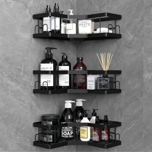 Rangement Salle de Bain, 3 Pcs Noir Etagere Salle de Bain Accessoire sans Percage, Acier au Carbone Etagere Douche avec Adh&eacute;sif, Rangement Douche - Neuf