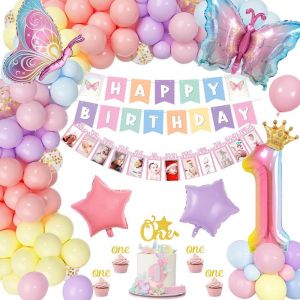 Decoration Anniversaire 1 An Fille, Pastels Ballon Papillon D&eacute;coration Anniversaire 1 An Avec Banni&egrave;re De Happy Birthday, Foil 1 Ballon, Deco Anniversaire 1 An Fille Pour Baby Shower Decoration - Neuf
