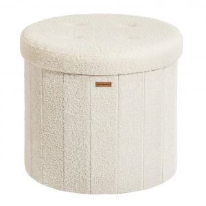 Tabouret de rangement rond repose-pieds avec couvercle amovible 46 x 45 cm pliable montage facile en tissu peluche pour chambre salon entr&eacute;e blanc cr&egrave;me Helloshop26 12_0006350 - Neuf