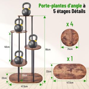 KALANKA-Support Plantes Interieur, 5 étages Porte Plante Bois Rond, Etagere Plantes à Plusieurs Niveaux 86 cm, Étagère d'angle pour Plantes Convient pour le Salon, Chambre, Bureau, Terrasse - Neuf